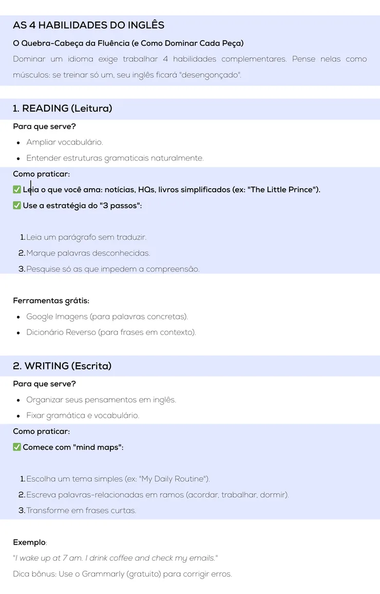 Página do eBook sobre as 4 habilidades do inglês