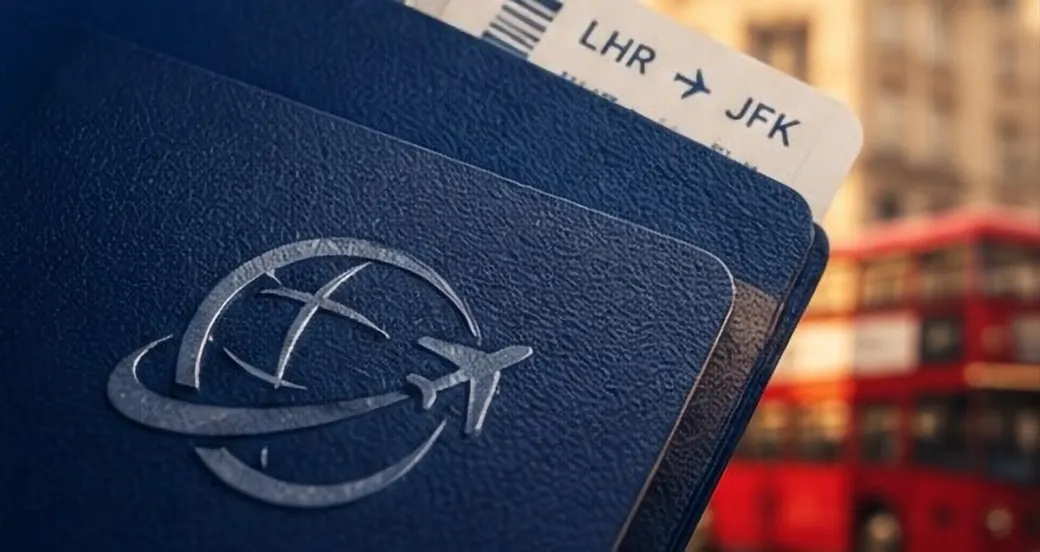 Passaporte com o símbolo do English Travel e cartão de embarque